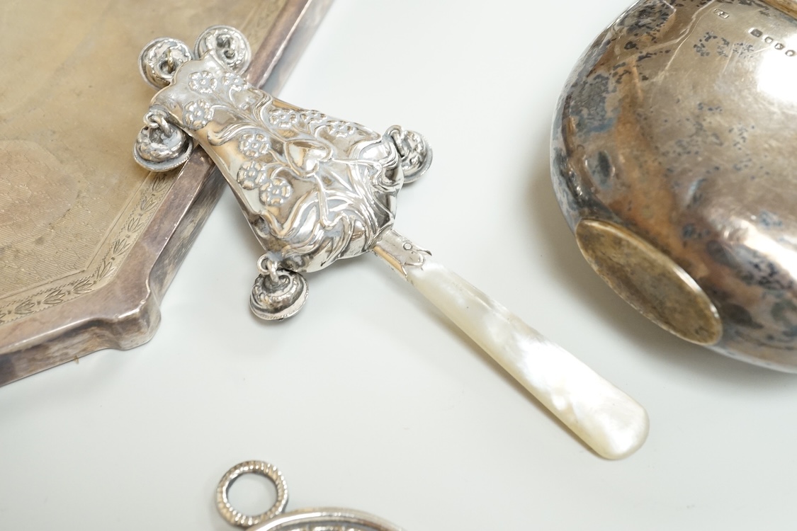 A late 19th century French small white metal Holy Water stoop, 11.4cm, together with a Victorian silver and leather mounted glass hip flask(a.f.), a late Victorian silver 'grenade' lighter by Sampson Mordan & Co, two sil